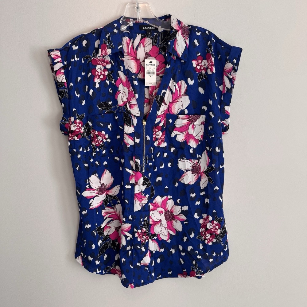 Express Floral Blouse Womens Medium Blue Pink Zip Front Pocket Top NWT MSRP50